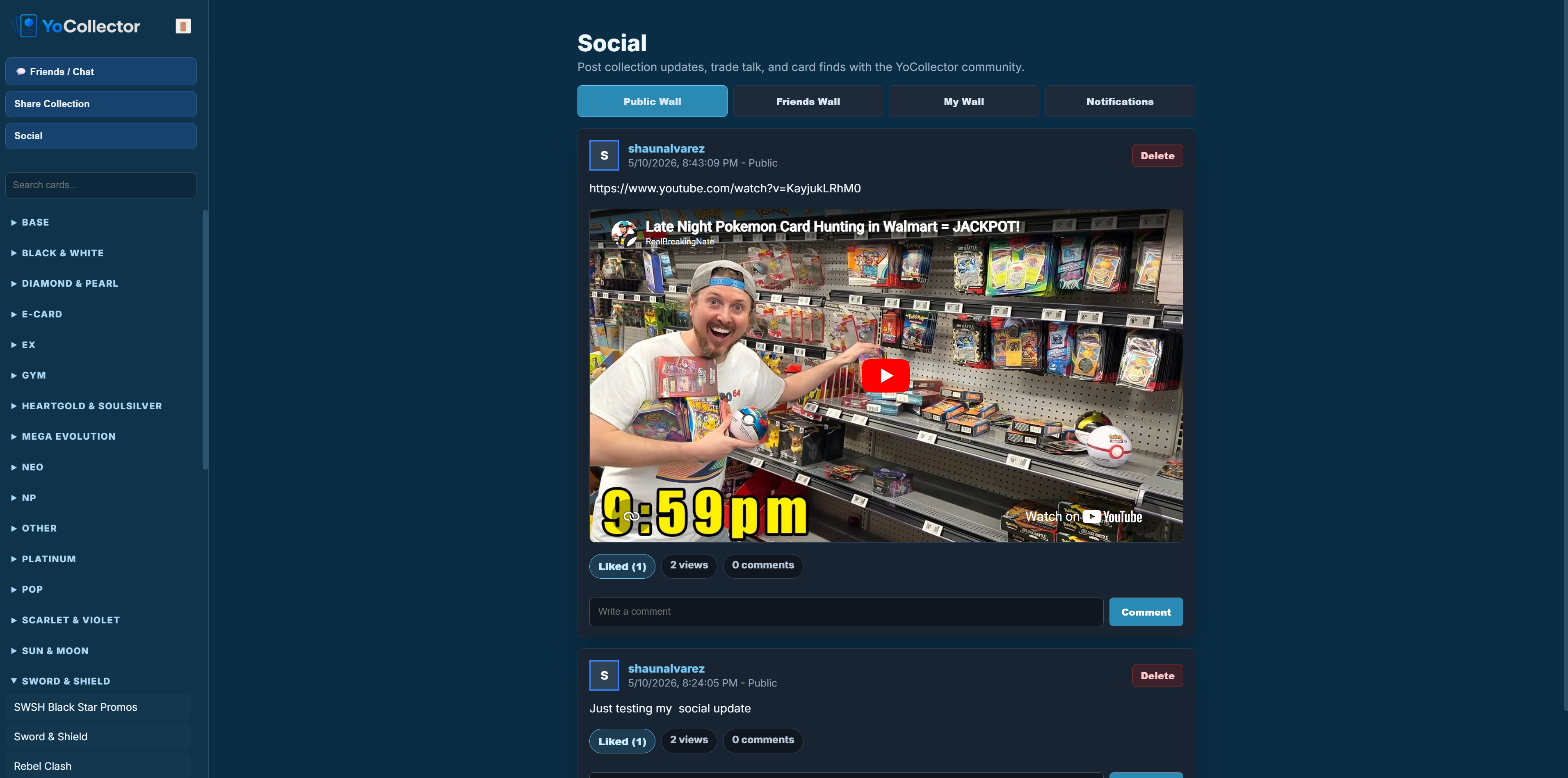 YoCollector social wall with posts, YouTube video, likes, views, comments, and notifications